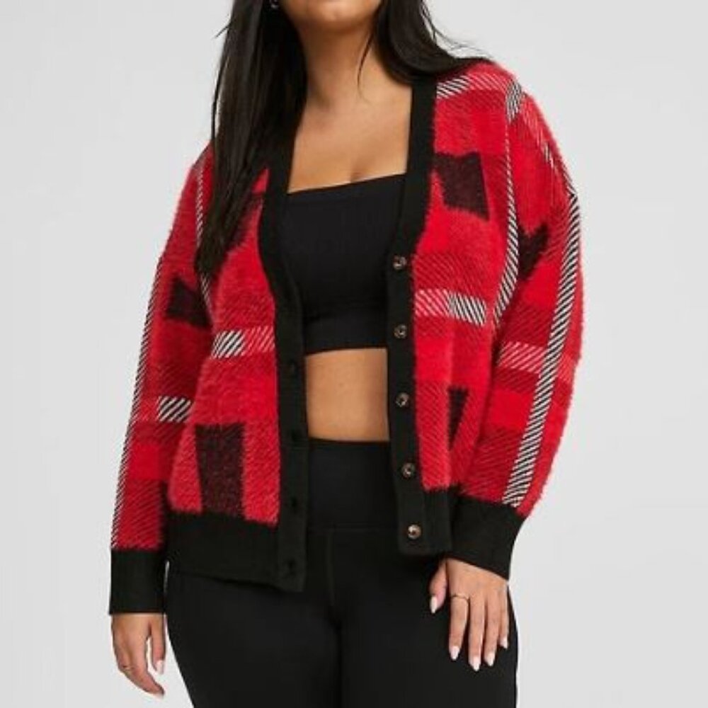 NWOT Torrid Fuzzy Plaid Cardigan Sweater Size 1